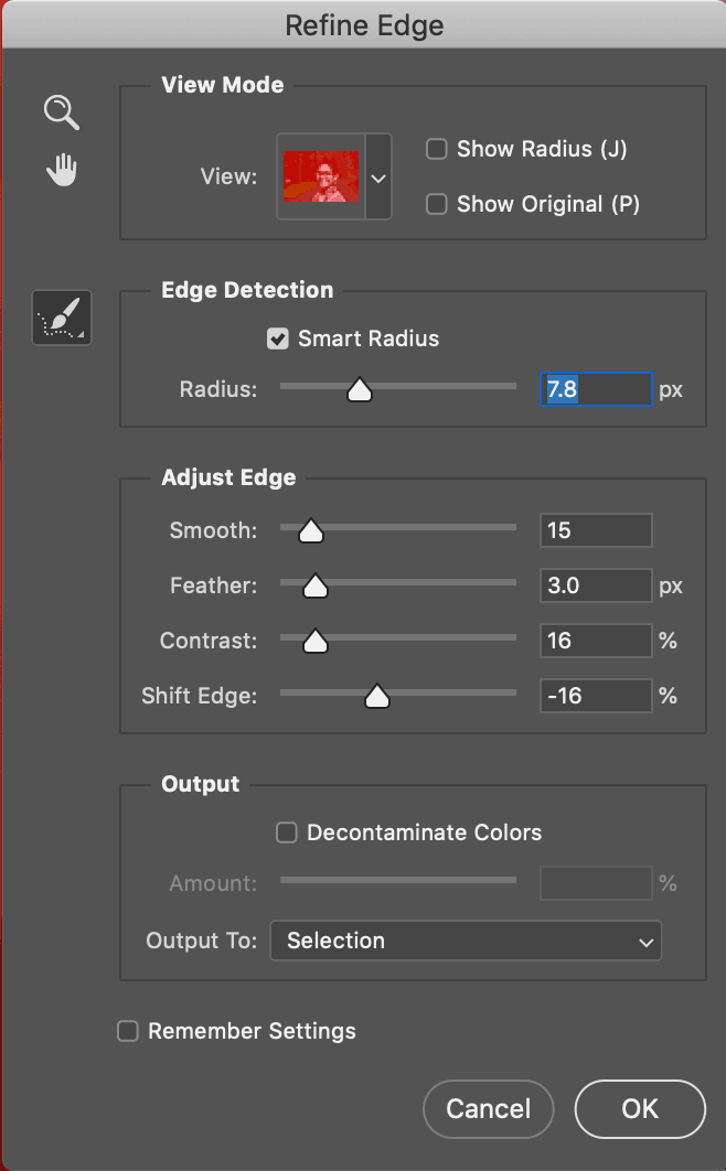 Refine edge tool setting Photoshop