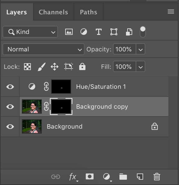 Photoshop layer panel with hue and saturation adjustment layer