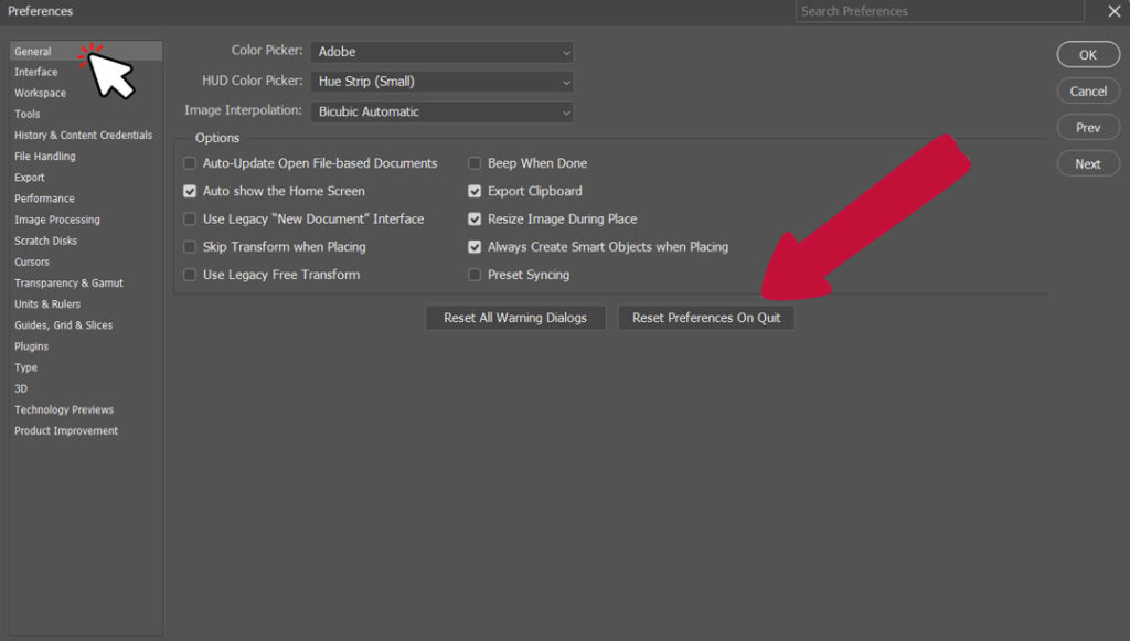 reset preferences on quit photoshop