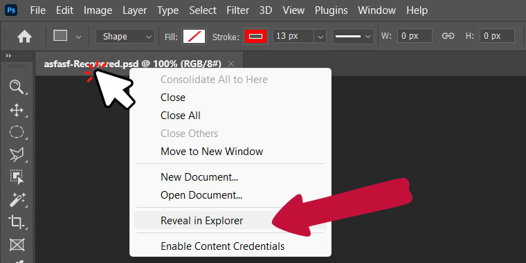 right-click on an open document in photoshop