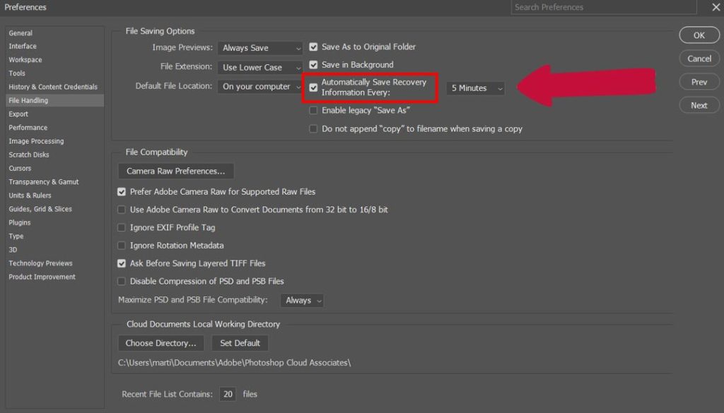 automatically save recovery information every 5min Photoshop settings