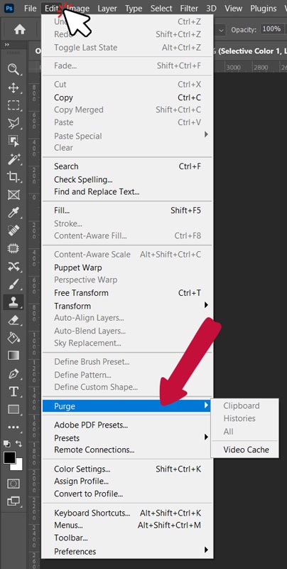 purge option menu in Photoshop