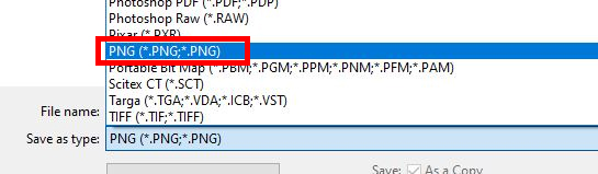save as PNG drop down menu in Photoshop