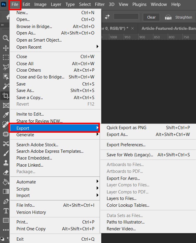 Photoshop file export menu screenshot