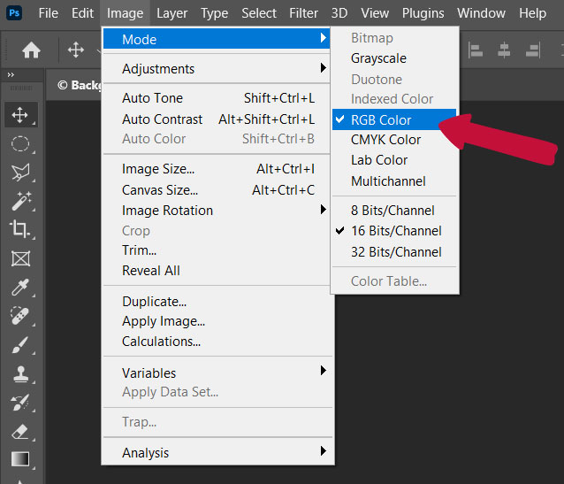 image mode photoshop menu